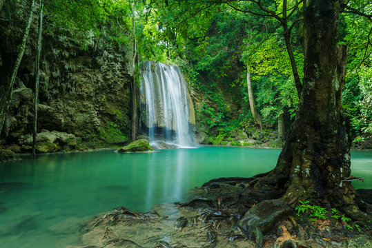 Green nature with green waterfall , Erawan waterfall , Loacated Kanjanaburi Province , Thailand
