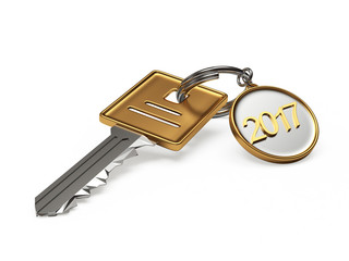 Golden key and metal  label with 2017 New Year isolated on white background. 3D illustration