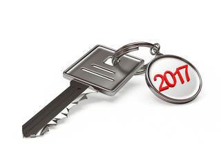 Silver key and metal  label with 2017 New Year isolated on white background. 3D illustration