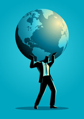 Businessman carrying globe on his shoulder