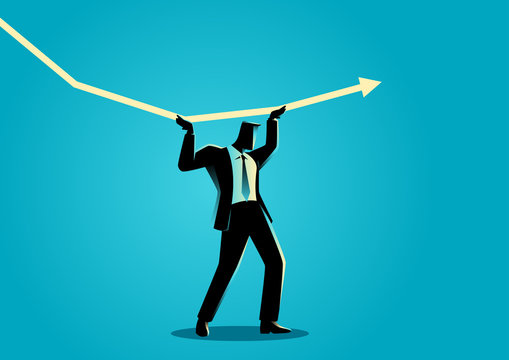Businessman trying to hold the decreasing graphic chart