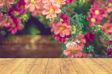 wood floor with pink sweet flower background.