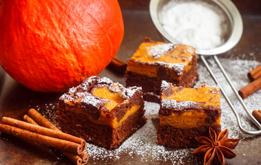 Brownie with pumpkin and chocolate. American kitchen
