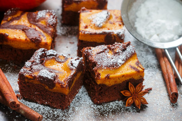 Brownie with pumpkin and chocolate. American kitchen
