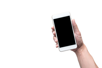 Hand is holding a white smartphone with black blank mockup scree