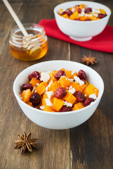 Honey roasted butternut squash with dried cranberries and goat c