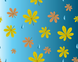 Fototapeta na wymiar Autumn seamless pattern: yellow and brown chestnut leaves and rain drops on a blue background. Vector illustration
