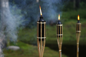 Three bamboo torches in smoky nature.