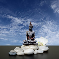 Buddha,zen stone,white orchid flowers and sky background