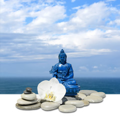 Feng-Shui background-Blue Medicine Buddha Bhaisajyaguru,zen stone,white orchid flowers, sea and sky