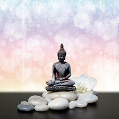 Buddha,zen stone,white orchid flowers on grunge background