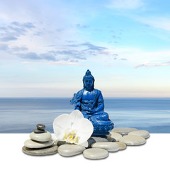 Feng-Shui background-Blue Medicine Buddha Bhaisajyaguru,zen stone,white orchid flowers, sea and sky