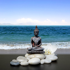 Buddha,zen stone,white orchid flowers, sea and sky