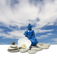 Feng-Shui background-Blue Medicine Buddha Bhaisajyaguru,zen stone,white orchid flowers and sky
