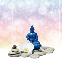 Feng-Shui background-Blue Medicine Buddha Bhaisajyaguru,zen stone,white orchid flowers on abstract grunge background