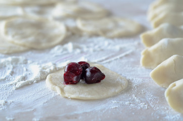The dough rolled with circles, sprinkled flour. Making of pierog.