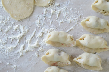 The dough rolled with circles, sprinkled flour. Making of pierog.