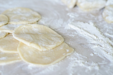 The dough rolled with circles, sprinkled flour. Making of pierog.