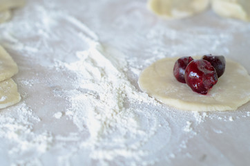 The dough rolled with circles, sprinkled flour. Making of pierog.