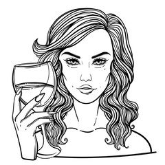 Face chart Makeup Artist Blank. Girl vampire with glass of wine. Gothic luxury woman. Vector illustration.