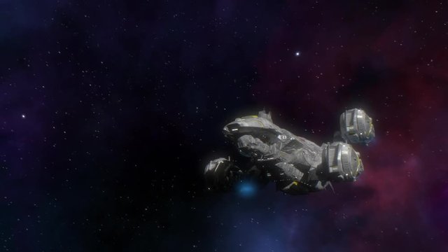 Spaceship flying in deep space. Production Quality Footage, ProRes codec, 25 FPS.