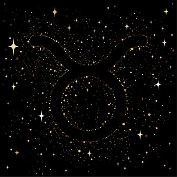 Starry sky with an image of the zodiac sign Taurus with colorful stars on a black background.
