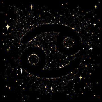 Starry sky with an image of the zodiac sign Cancer with colorful stars on a black background.