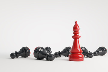 Red chess bishop win vs black pawns. Business concept of leadership. Chess game over. 3d rendering.