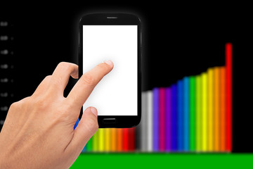 Hand holding smartphone with white screen and representing business growth with colorful business chart  background.