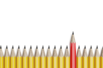 Red pencil on the line of yellow pencils. Top view. 3d rendering