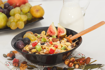 Healthy breakfast with milk,muesli and fruit.