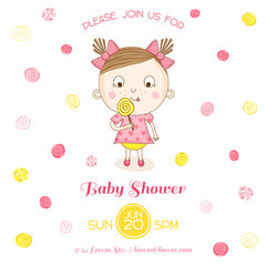 Baby Shower or Arrival Card - Baby Girl with a Candy - in vector