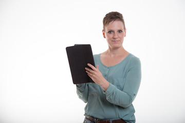 female with tablet computer and smartphone