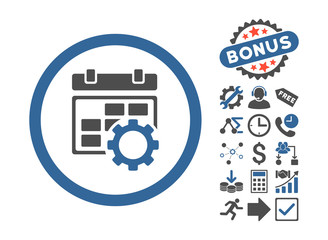 Calendar Settings pictograph with bonus pictogram. Vector illustration style is flat iconic bicolor symbols, cobalt and gray colors, white background.