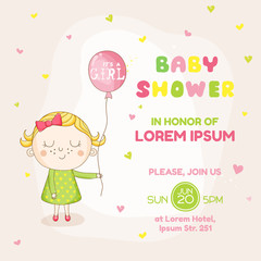 Baby Girl with a Balloon - Baby Shower or Arrival Card - in vector