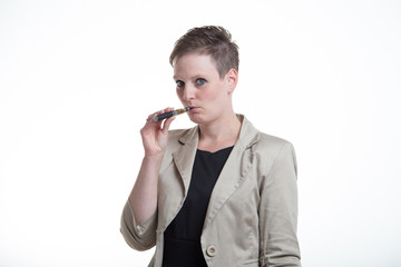 female smokes e-cigarette 