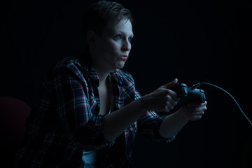 female gamer with wired controller