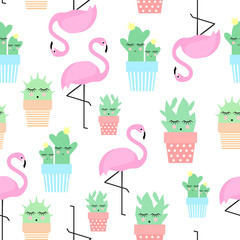 Flamingo with cacti in cute pots seamless pattern. Simple cartoon plant vector illustration. Child drawing style cute cactus with tropical bird background.