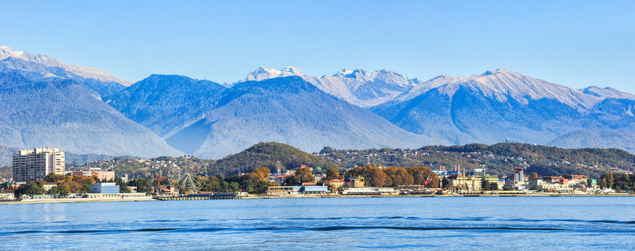 View from Sochi from sea side, mountain of Caucasian ridge on the background