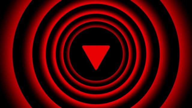 Falling arrow sign surrounded by red blurred circles - visual illusion. 3D rendering seamless looping animation 3840x2160, 4k.