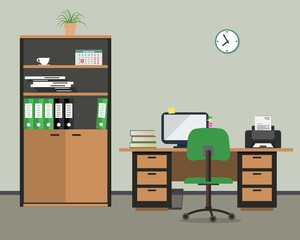 Workplace of office worker. There is the case for documents, desktop, a chair, the computer, a printer, and other office objects in the picture. Vector flat illustration