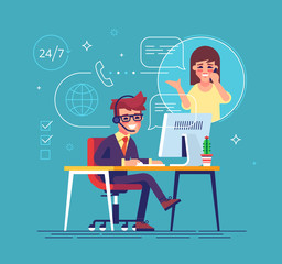 Happy male helpline operator with headset consulting a client. Online global tech support 24/7. Operator and customer. Vector illustration in flat design.