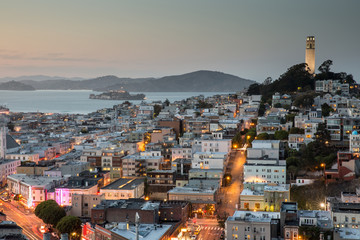 San Francisco in Blue and Gold. Dusk over Telegraph Hill and North Beach. San Francisco,...