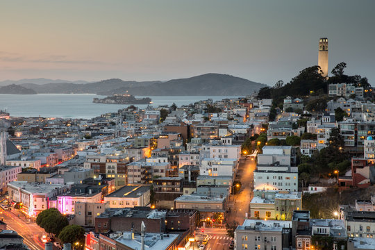 San Francisco in Blue and Gold. Dusk over Telegraph Hill and North Beach. San Francisco, California, USA.