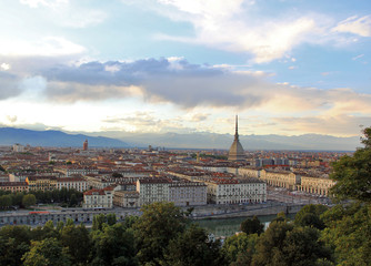 Fototapeta premium Sunset over the Turin city center with Mole Antonelliana, Turin,Italy,Europe