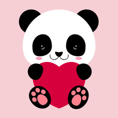 Cute Panda holds big heart. Love and friendship. Congratulation with St. Valentine day. The animal in flat style. Funny sticker.