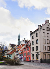 Livu square near Riga Christmas market with Saint Peter Church