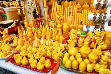 Stall with different wax figures at Riga Christmas Market