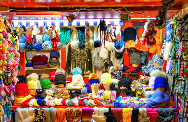 Stall with warm clothes at Riga Christmas Market
