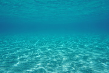 Natural underwater scene of a shallow sandy seabed below water surface, Pacific ocean, lagoon of...